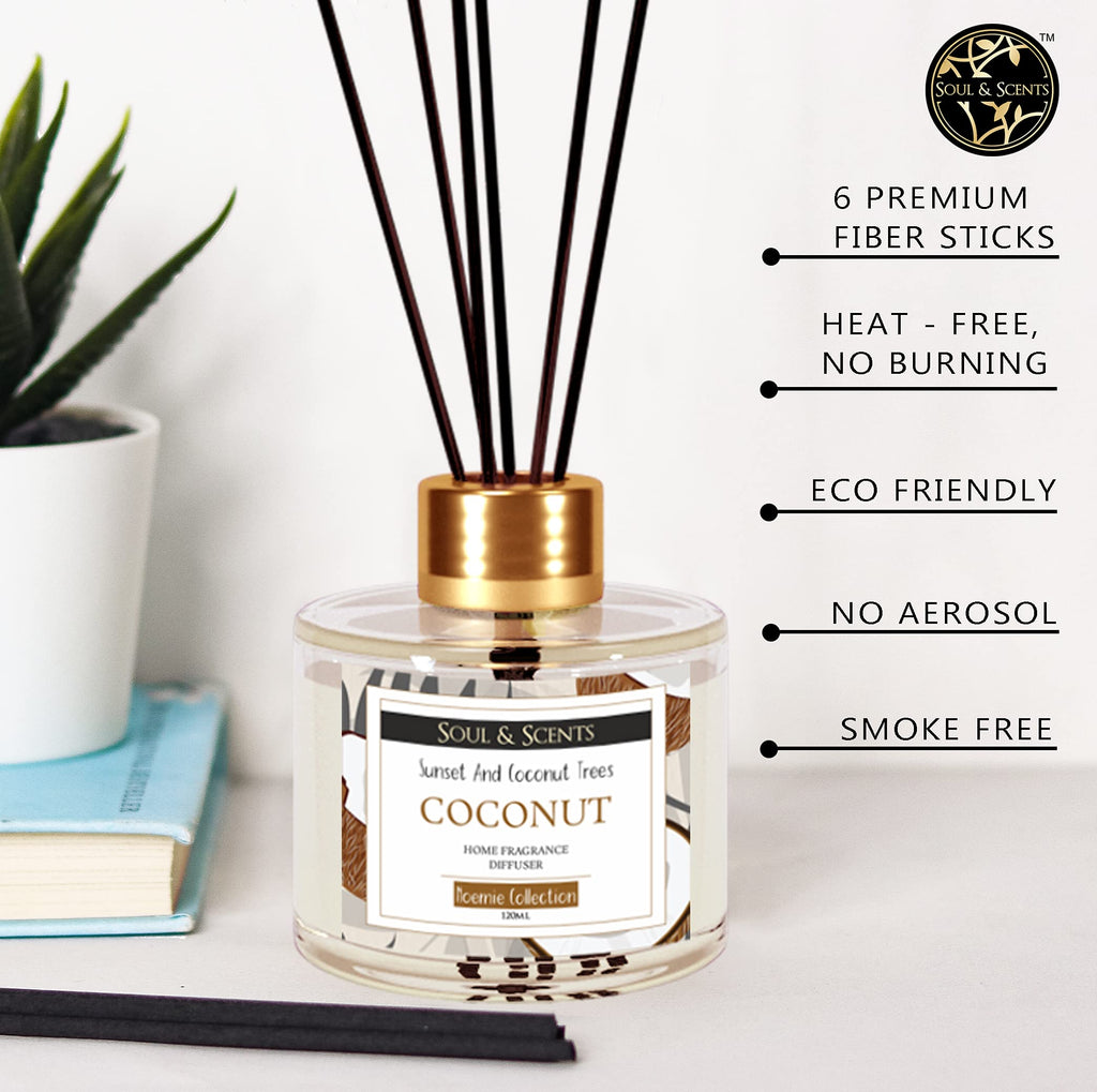 Coconut Scented 4.06 oz (120ml) Reed Diffuser Set with 6 Fiber Sticks for Room Decor | Home Fragrance Reed Diffuser