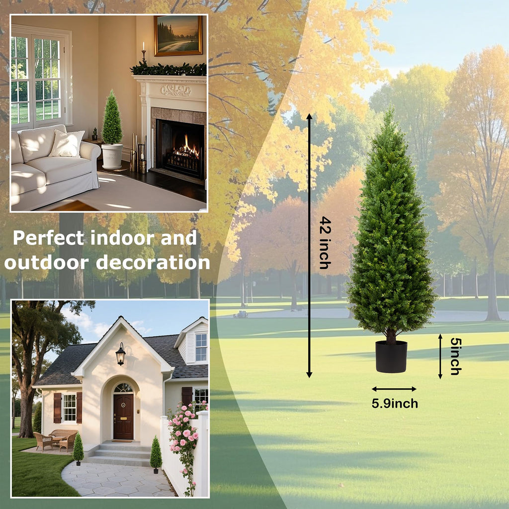 4ft Artificial Cedar Trees Artificial Topiary Trees Set of 2 Faux Cypress Plants UV Resistant Potted Bushes Faux