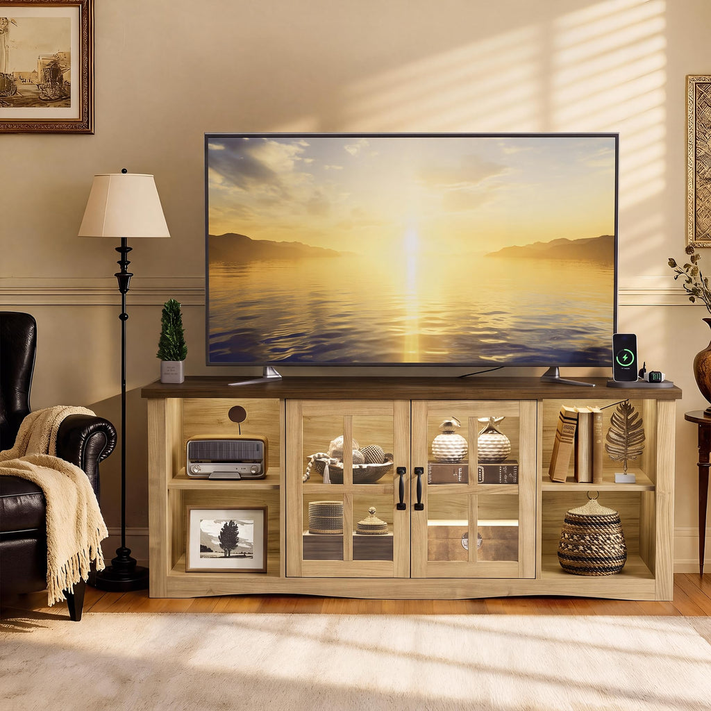Farmhouse LED TV Stand for 65 Inch TV, with Power Outletr, Warm Oak