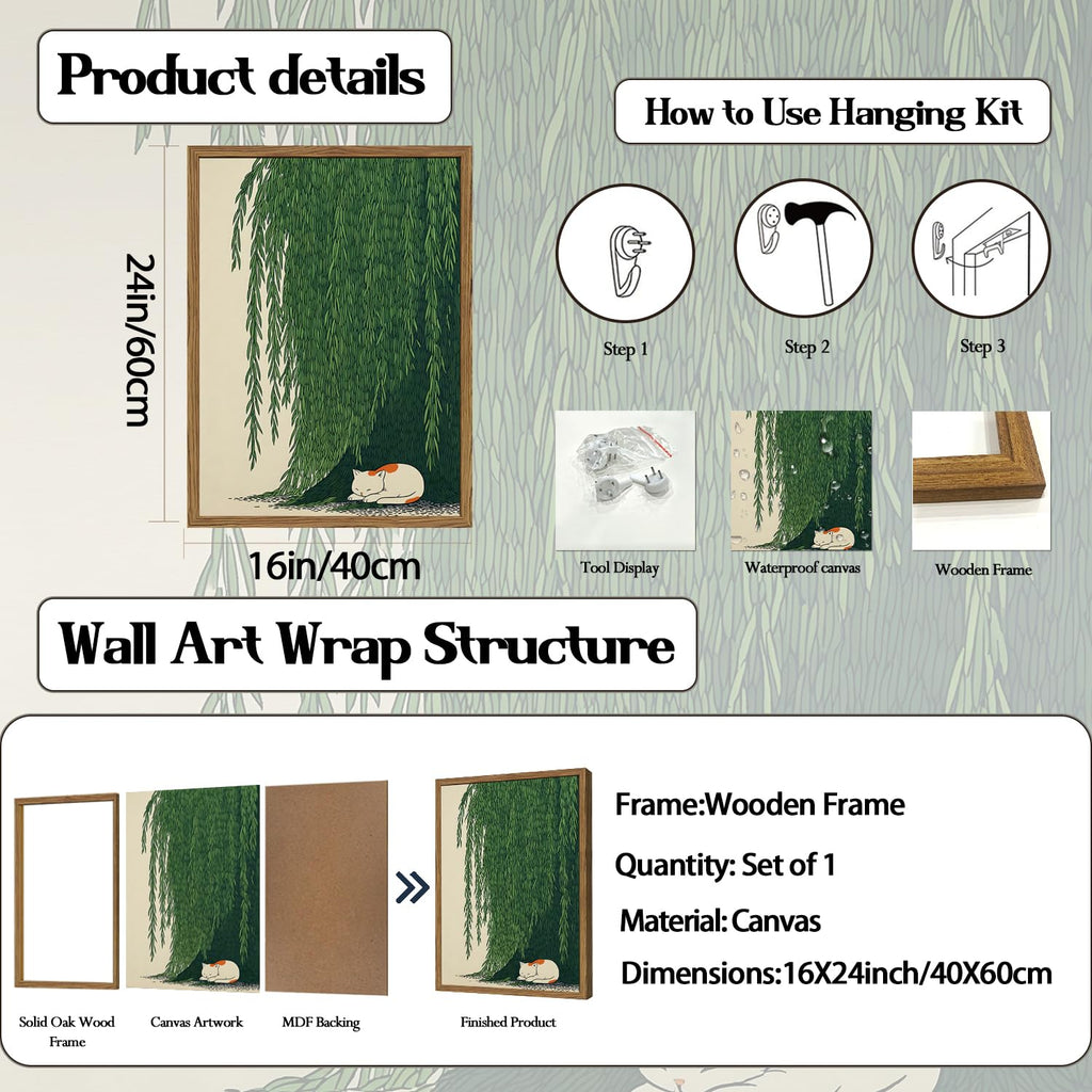Japanese Cat Wall Art, Cat Under Willow Tree Wall Decor Painting Japan Zen Calm Poster Canvas Minimalist Animal