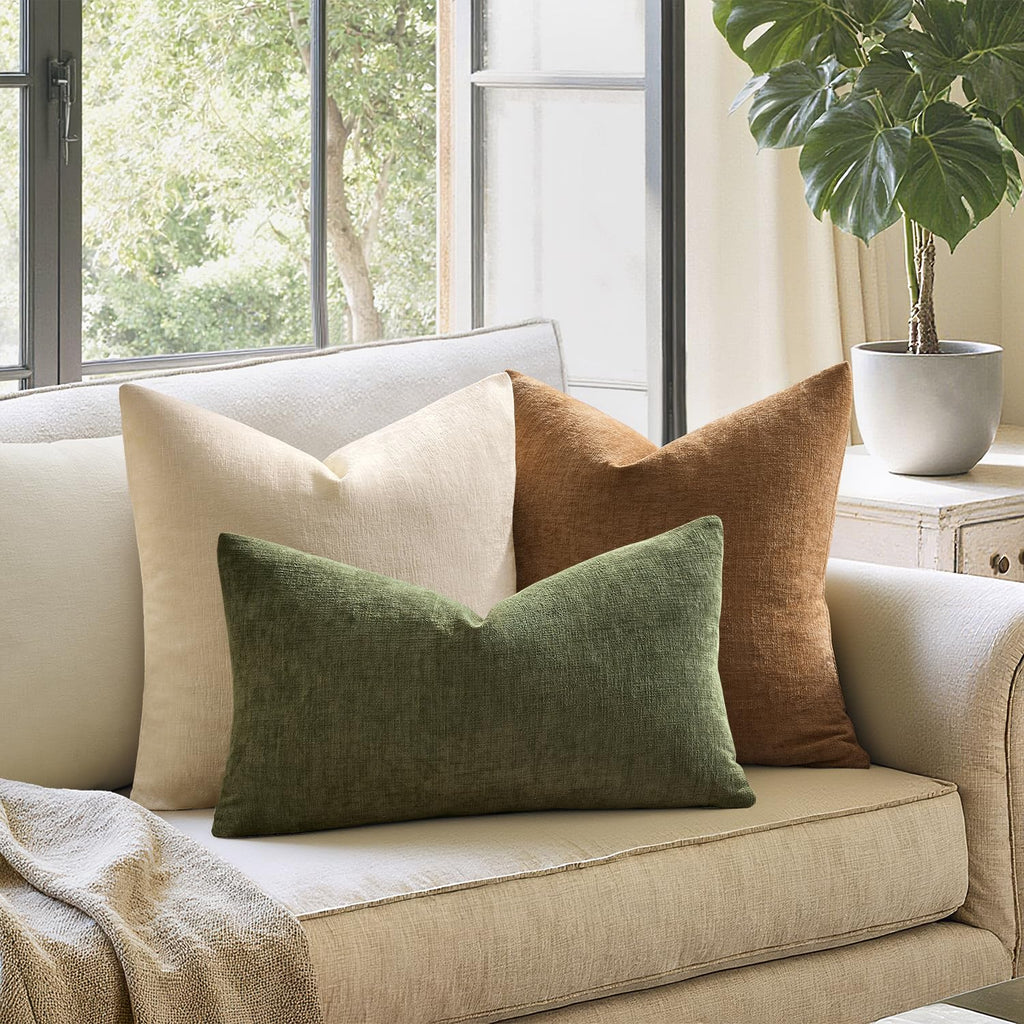 Olive Green Chenille Couch Lumbar Throw Pillow Covers, 12x20