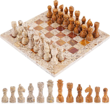 Marble Chess Set 12'' Inches Coral and Red Handmade Classic Board Games for Adults, Luxury Marble Chess Board & - Set of 33