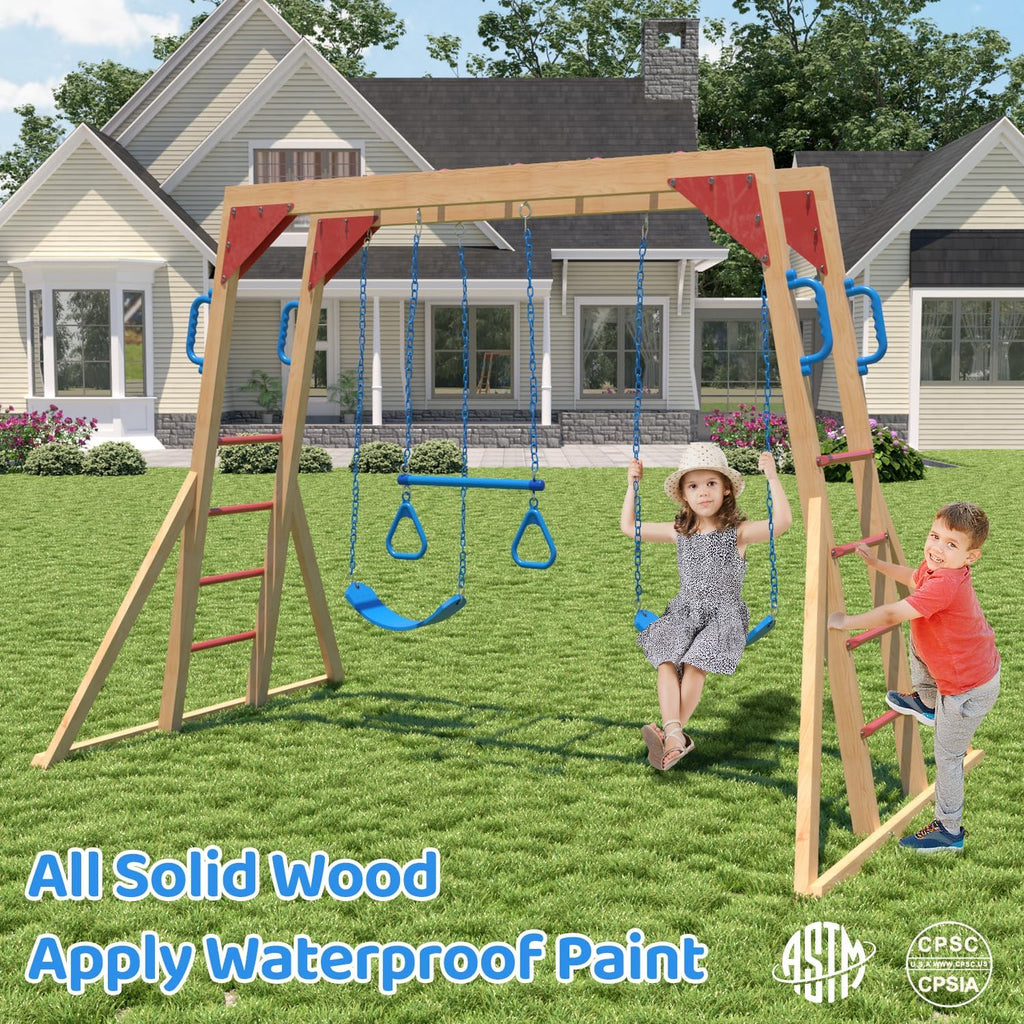 Wooden Swing Sets for Backyard with Monkey Bar, Outdoor Playset for Kids with Trapeze Swing Bar and 2 Belt Swings