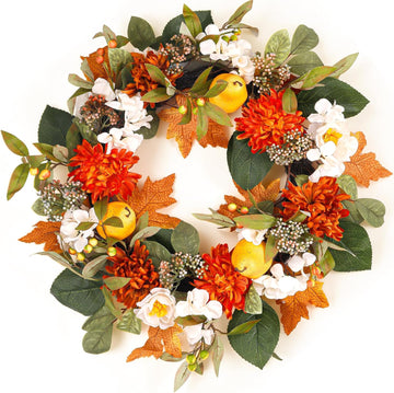 26" Fall Wreath for Front Door, Artificial Large Harvest Fall Wreath | with Pear, Orange Maple Leaf, Dahlia and White