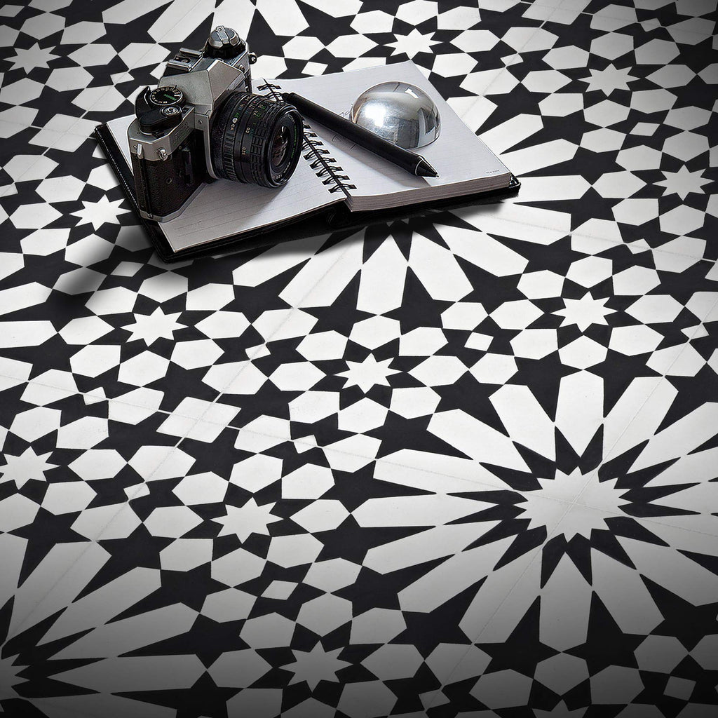 Agdal Handmade Cement Tile in Black and White, 8"x8, 5 Sq Ft