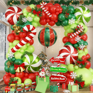 Christmas Balloons Garland Arch kit, 117pc Xmas Dark Green Red Balloon, Green Red Ball Candy Cane Peppermint