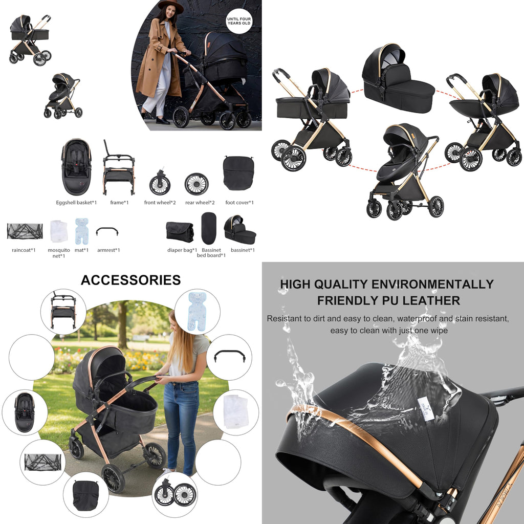PU Leather 2 in 1 Baby Stroller Reversible Portable Standard Stroller Convertible Pushchair Infant Buggy Baby