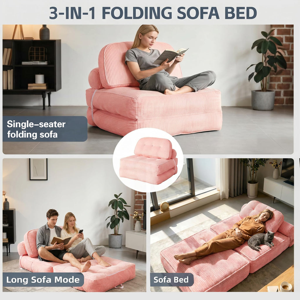 Folding Futon Sleeper Sofa Bed Chair, No Assembly, Pink 5