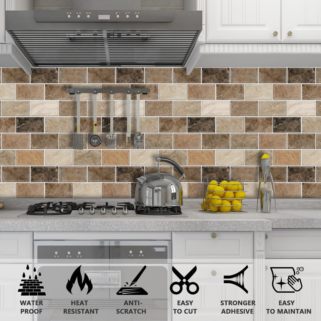 10-Sheet Stick on Backsplash ,12"x12" Peel and Stick Self Adhesive Wall Tiles Back Splashes Brown Marble Look