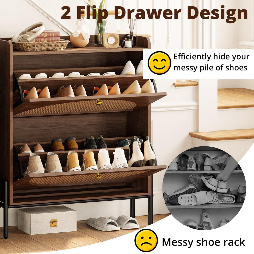 Rattan Shoe Cabinet Storage with 2 Flip Drawers, Walnut