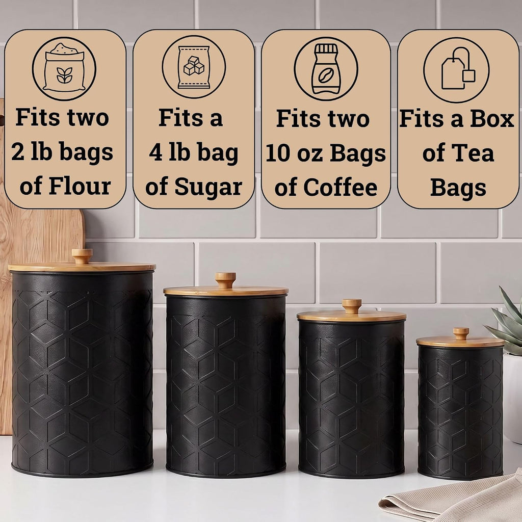 Kitchen Canisters for Countertop, Textured Iron w/Airtight Lids - Set of 4