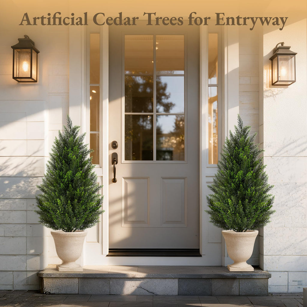 Artificial Cedar Trees 3FT Faux Cedar Topiary Evergreen Plants UV Resistant Outdoor Indoor Fake Cypress Pine Trees