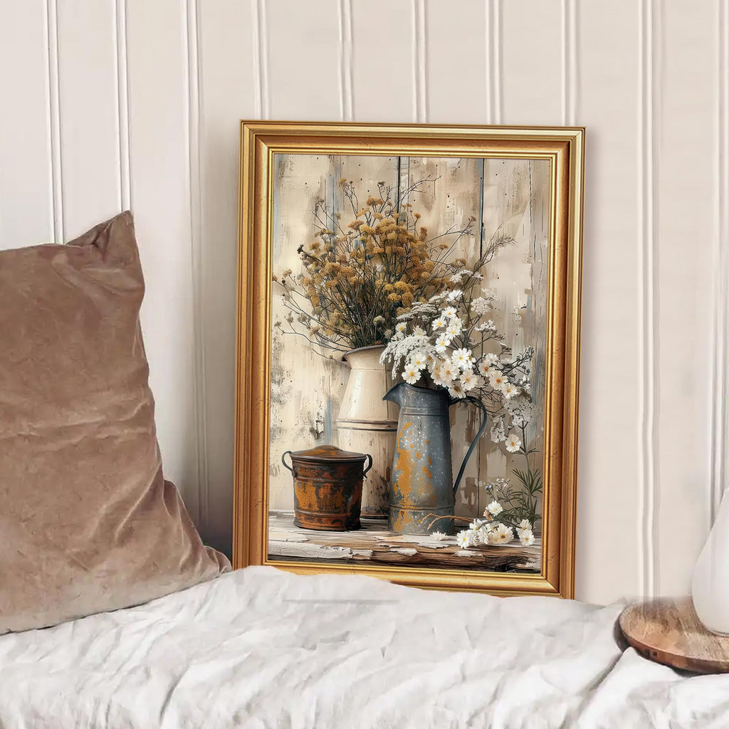 Rustic Farmhouse Floral Still Life Framed Canvas Wall Art 12x16 in
