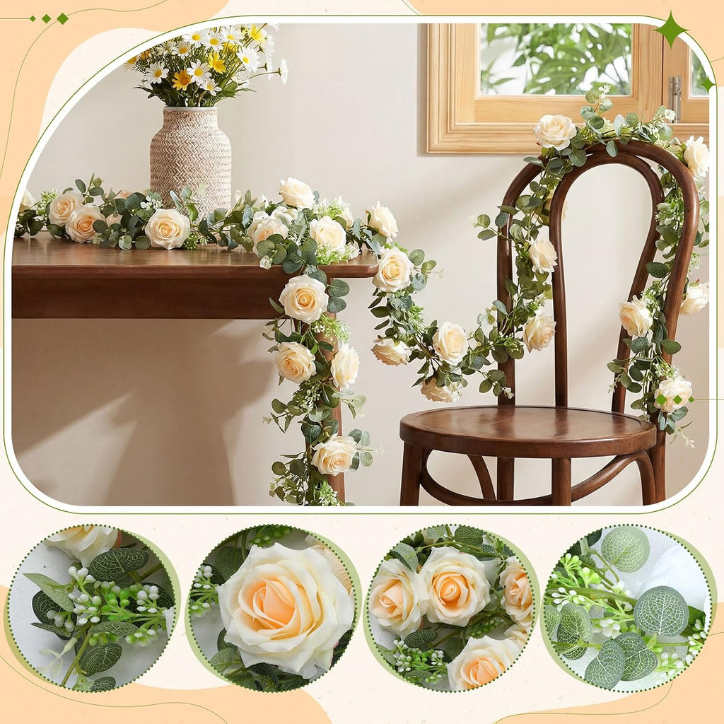 26 ft Artificial Eucalyptus Vines Garland with Flowers Faux Floral Greenery Garlands Rose Wreath for Wedding - Set of 6