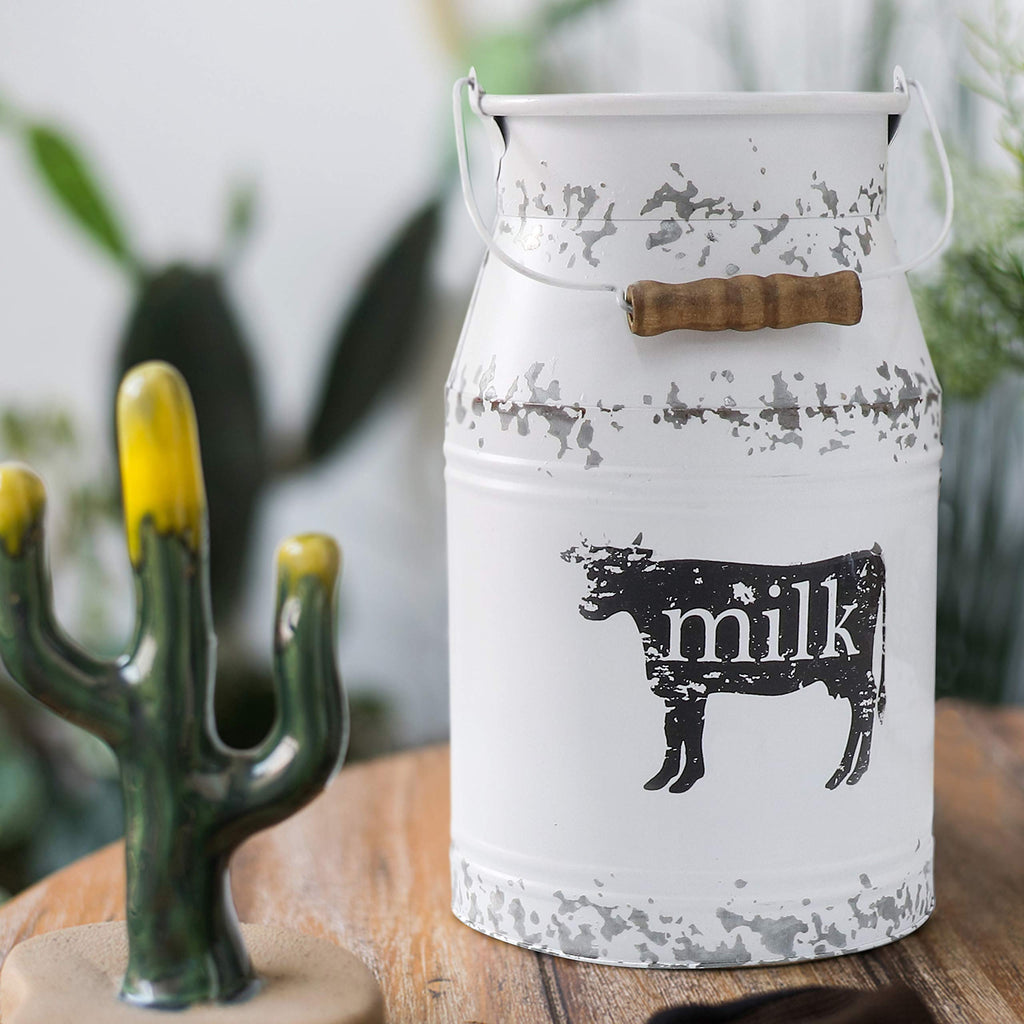 Metal Big Cow Galvanized Milk Can with Wooden Handle, Rustic White Farmhouse Vase Planter, Primitive Decorative
