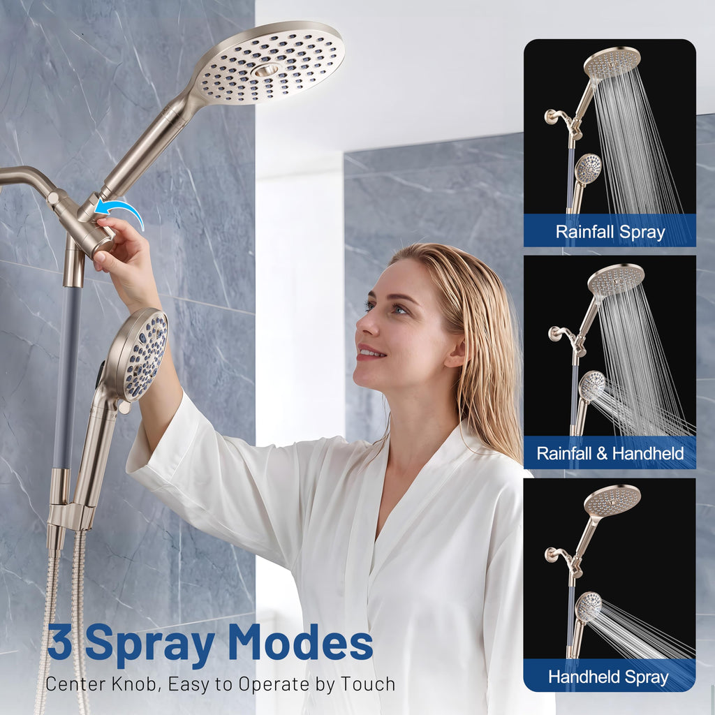 Dual Filtered Rain Shower Head Combo, High Pressure Handheld Shower Head with Adjustable Bar - Rainfall Shower Head