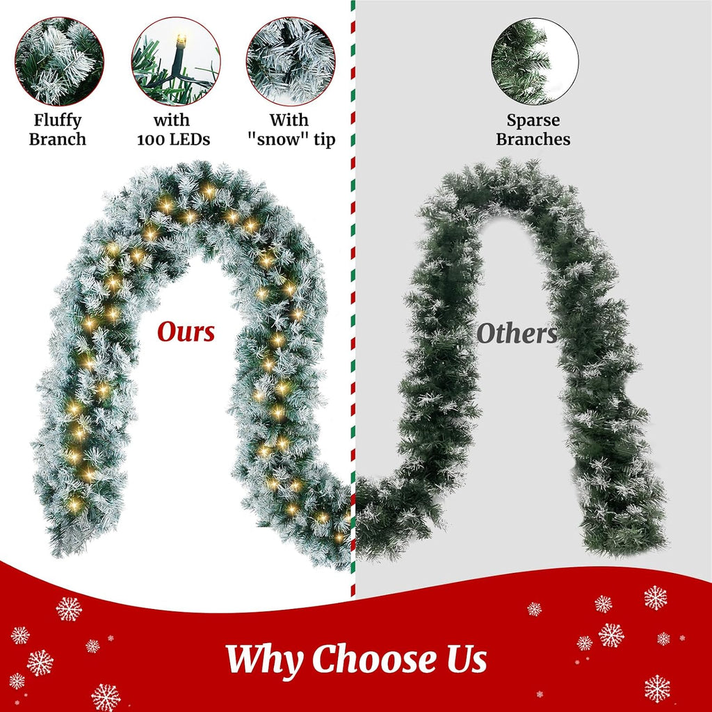 Christmas Garland with Light, 18 FT Chrismas Garland with 100 Lights and 520 Frosted Tips for Mantle, Staircase