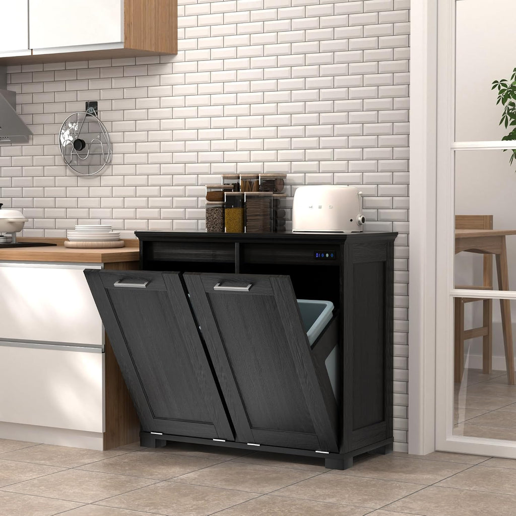 Tilt Out Trash Can Cabinet, Wooden Trash Cabinet with Deodorising Function, 20 Gallons Freestanding Dog-Proof Garbage