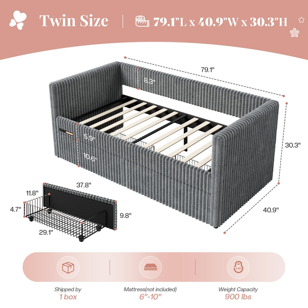 Twin Daybed with Storage Drawers, Corduroy Upholstered, Grey