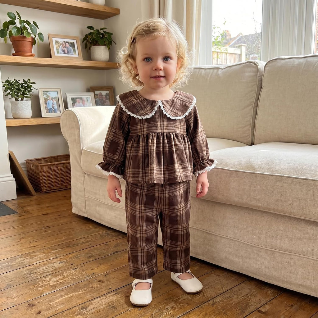 Baby Girl Peter Pan Collar Outfit Gingham Top Pants Set Fall Winter Clothes