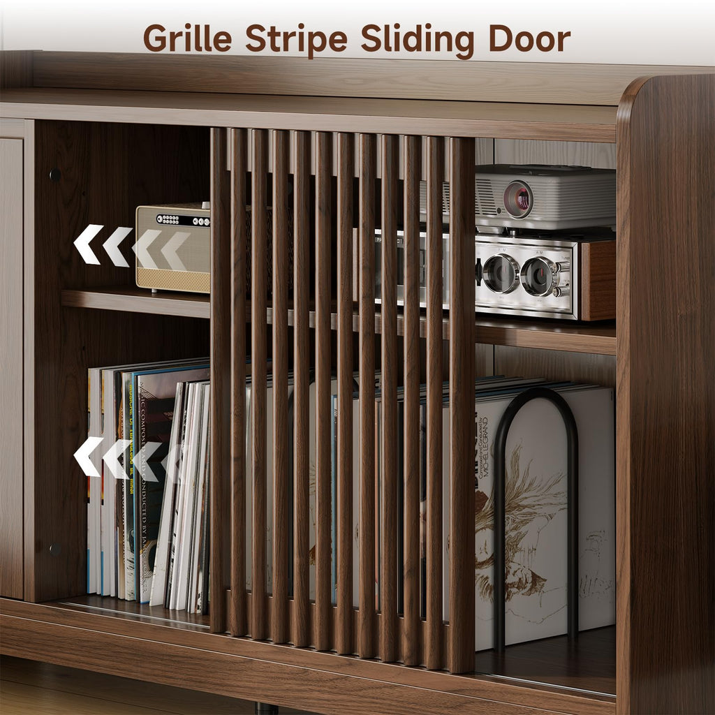 48" Record Player Stand w/Flip-Out Storage Cabinet, Sliding Door