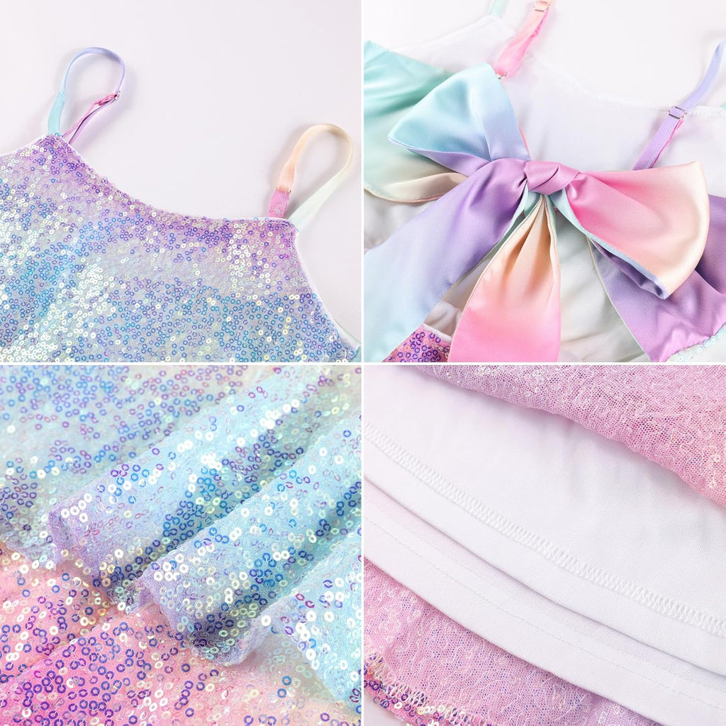 Girls Sequin Formal Dresses Kids Party Special Occasion Fancy Dress Tie Back 3 Layer Prom Graduation Outfits