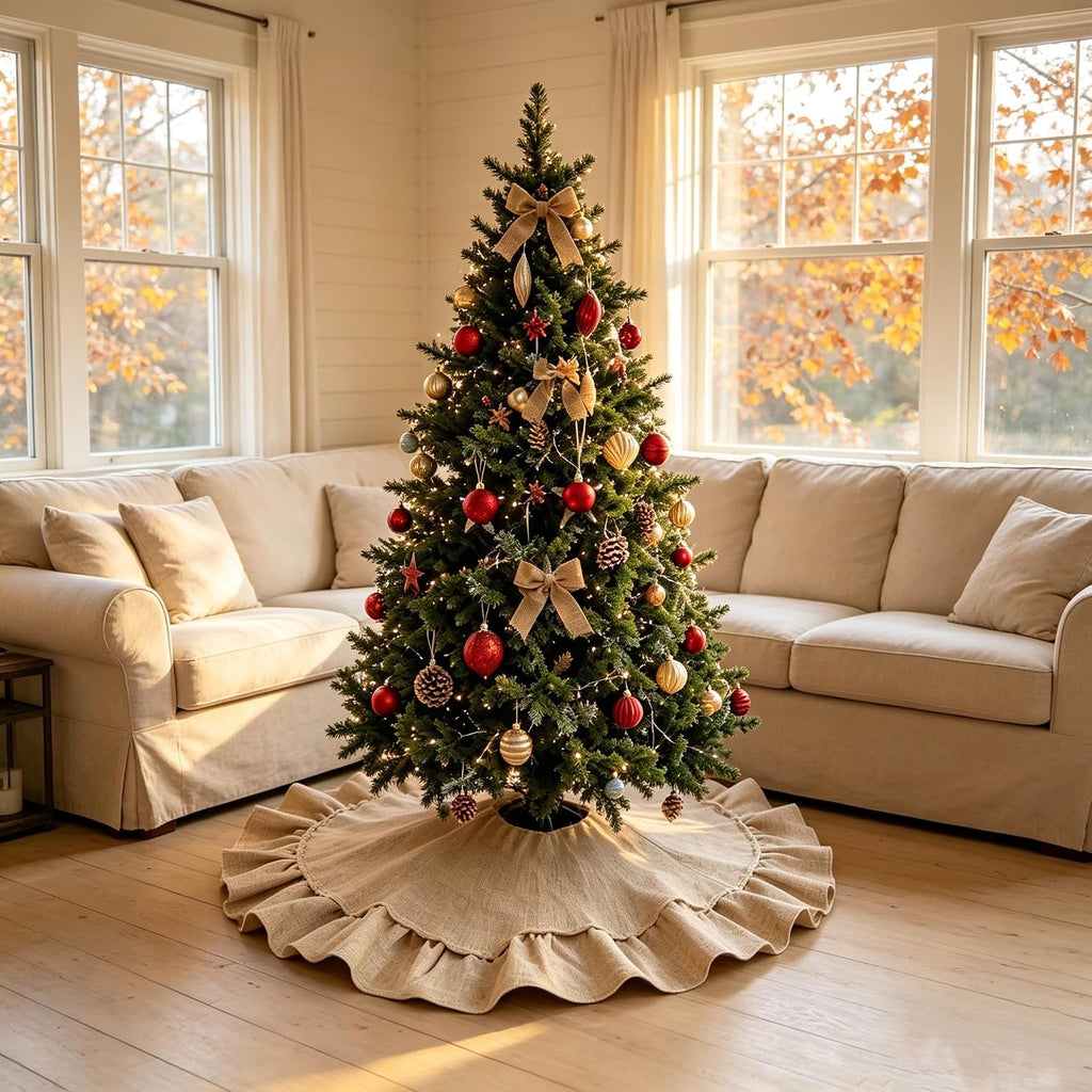 36 Inch Burlap Christmas Tree Skirt, with Ruffle Border and Bow Ties