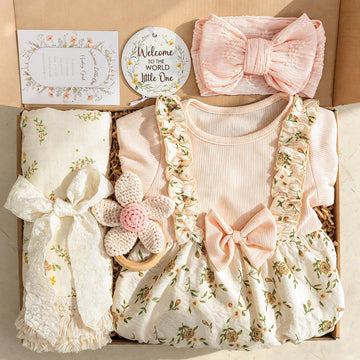 Baby Girl Gifts-Vintage Floral Baby Gifts for Girls,Newborn Baby Girl Gift Set with Cotton Romper & Headband,Fringed