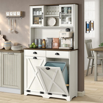 65''H Kitchen Trash Can Cabinet, Farmhouse Double Tilt Out Trash Bin Hutch Cabinet, Microwave Kitchen Pantry with