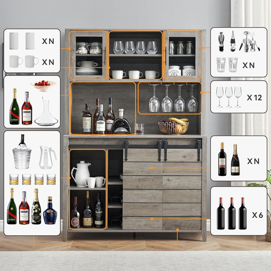 70 in Tall Farmhouse Coffee Bar Cabinet, Kitchen Hutch Storage with Sliding Barn Door, Kitchen Buffet with Wine Rack