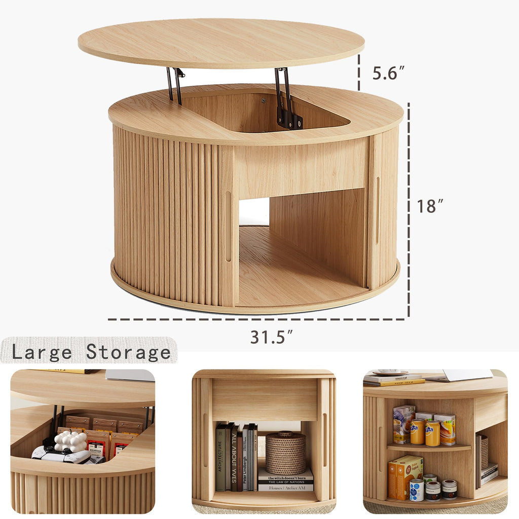 Lift Top Coffee Table, Round Fluted Coffee Table with Storage, Boho Wooden Coffee Tables with Sliding Tambour Door