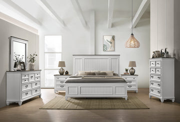 Clelane Wood Bedroom Set with Shiplap Panel Queen Bed, Dresser, Mirror, Two Nightstands, and Chest in Weathered White