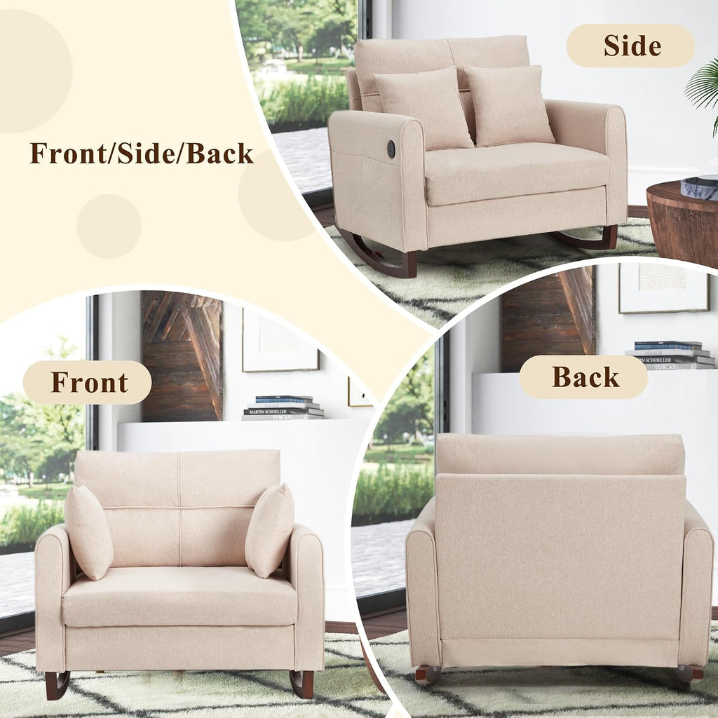 Upholstered Oversize Rocking Chair, Nursery Rocking Chair with High Back and Side Pocket USB Port, Double Wide Rocker