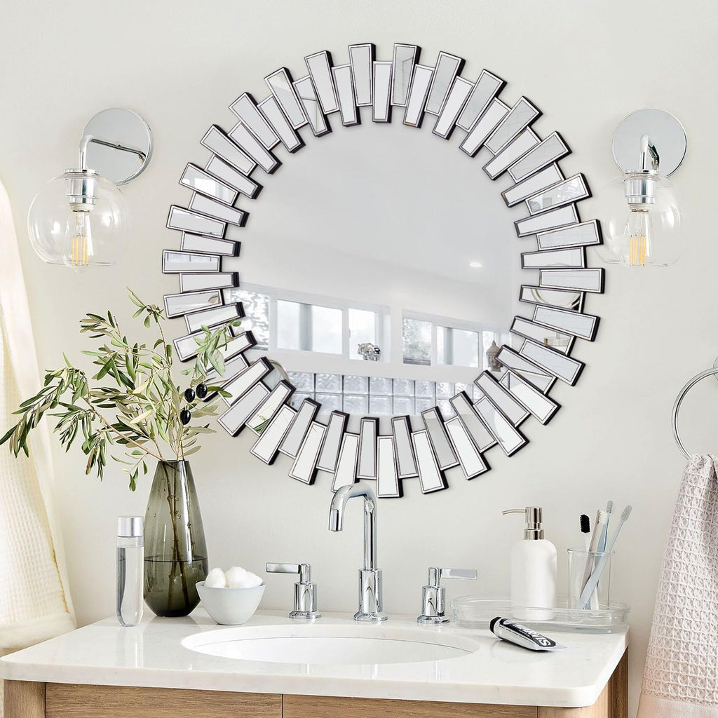 Round Mirrors for Decor, 44'' Large Decorative Wall Mirror with 3D Frame Beveled Glass, Frameless Circle Mirror