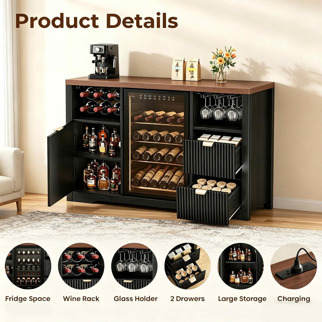 Coffee Bar Cabinet with Mini Fridge Space, 53"Wine Cabinets with Storage | Wood Fluted Liquor Cabinet with Storage