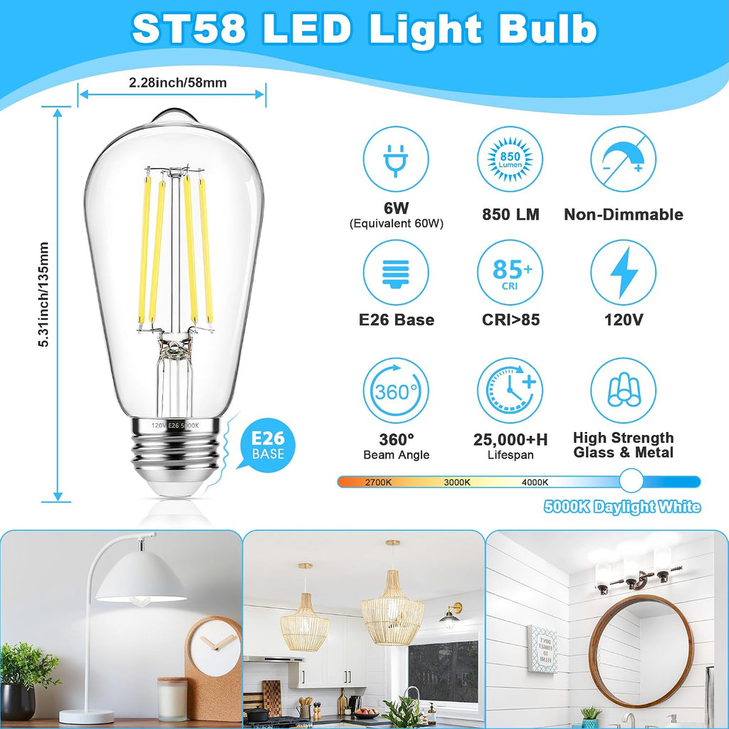 Vintage LED Edison Bulbs 60W Equivalent 850 Lumens, 6W Edison Light Bulb Daylight White 5000K, ST58 LED Filament Bulb