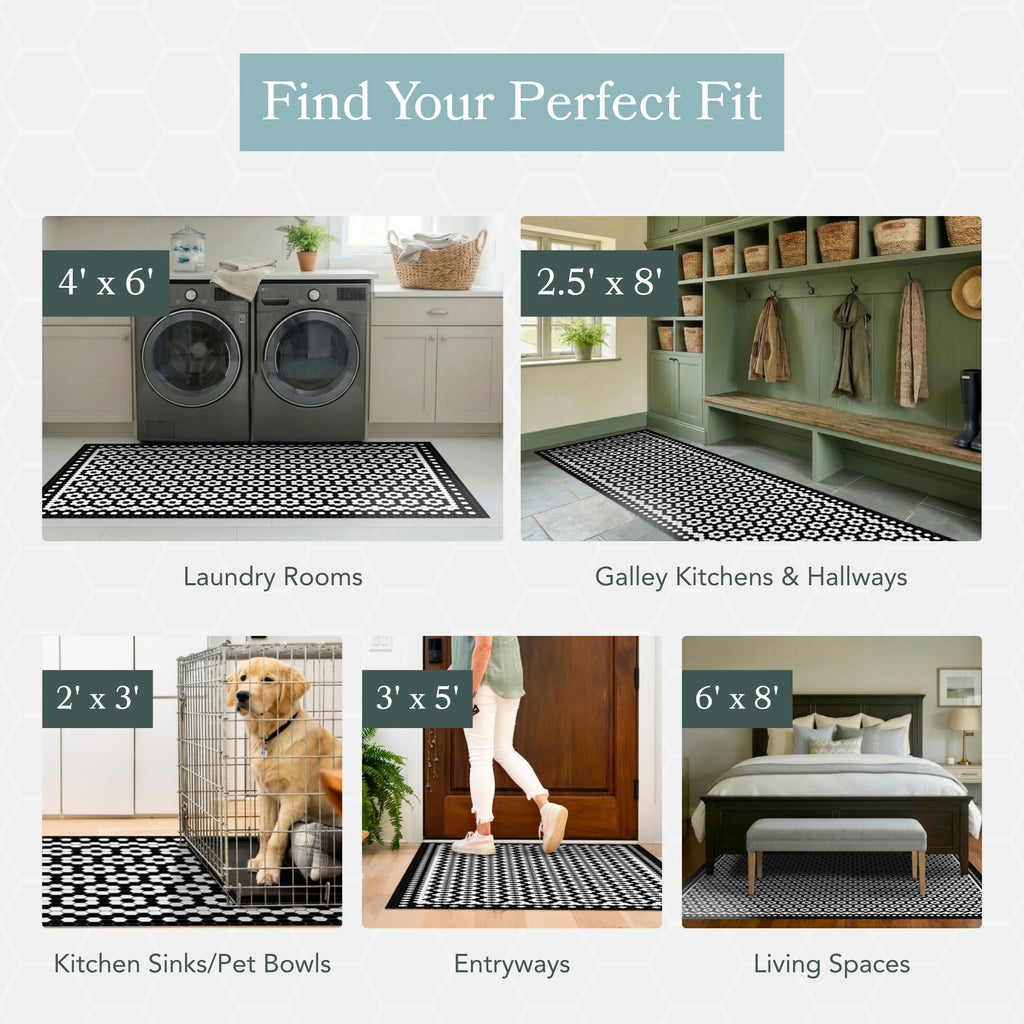 Vinyl Floor Mat - White Vintage Tile Pattern - Waterproof Non-Slip Kitchen Rug - Hard Floor Safe - Eco-Friendly