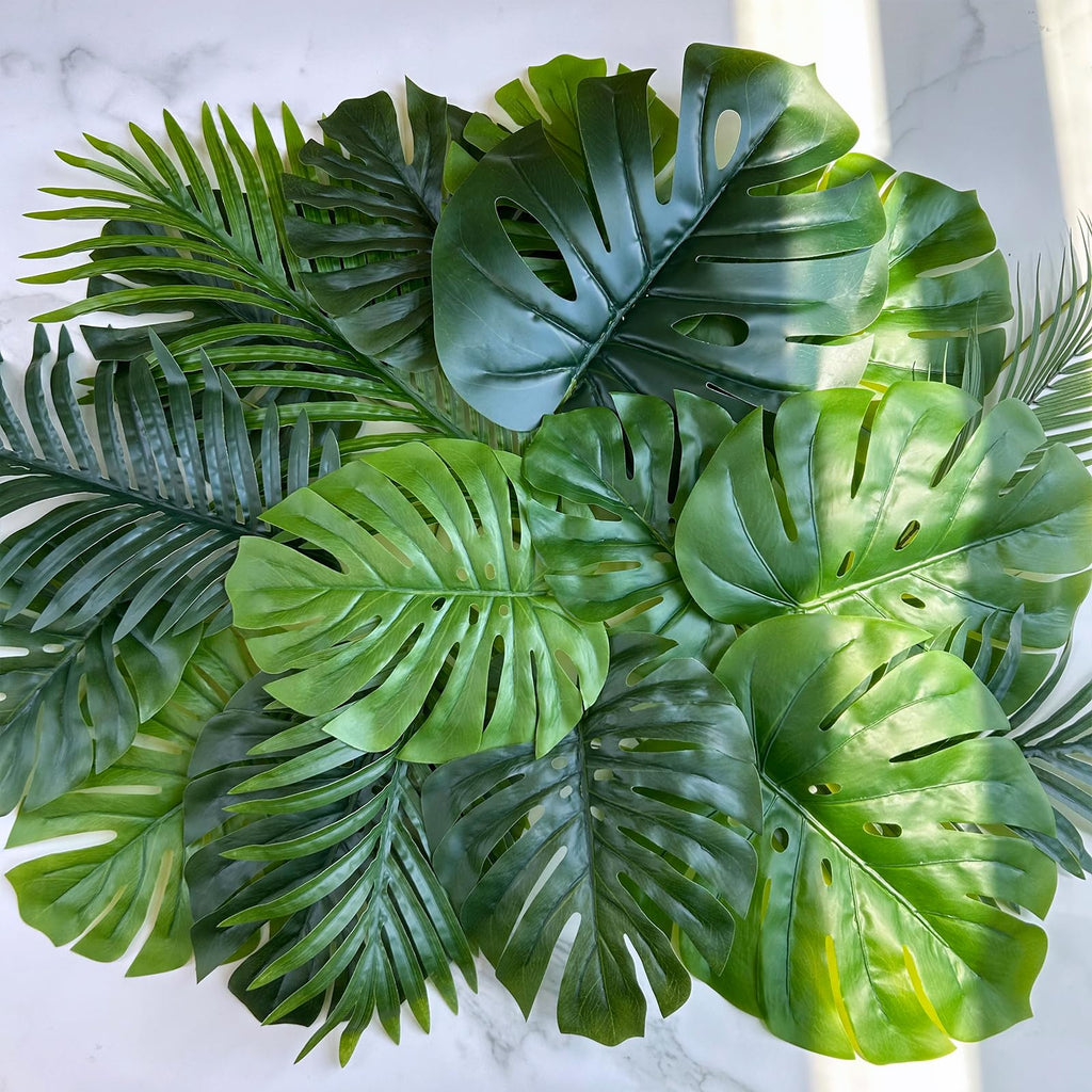 13 Pcs Assorted Artificial Tropical Leaves Set Decorative Real Touch Faux Monstera and Palm Leaves with Stems for