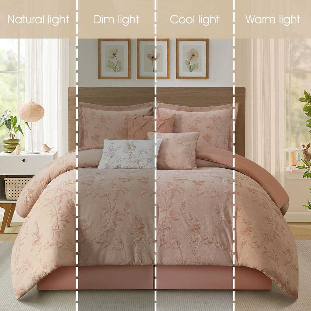 Floral Comforter Set, Blush 7 Pieces Jacquard Bedding Set, Cotton &Polyester Bedding, All Season