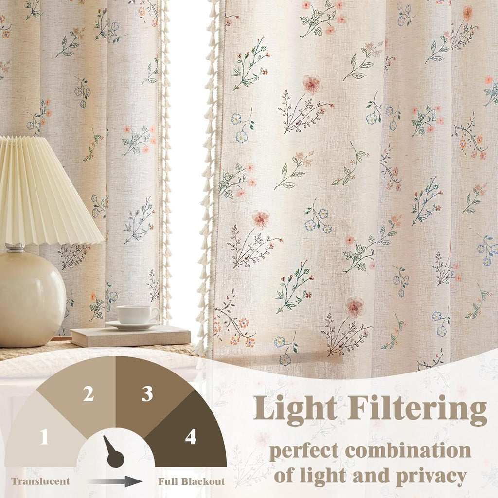 Boho Floral Spring Semi Sheer Curtains 84 Inch Length 2 Panels Set, Linen Texture Farmhouse Light Filtering Curtains