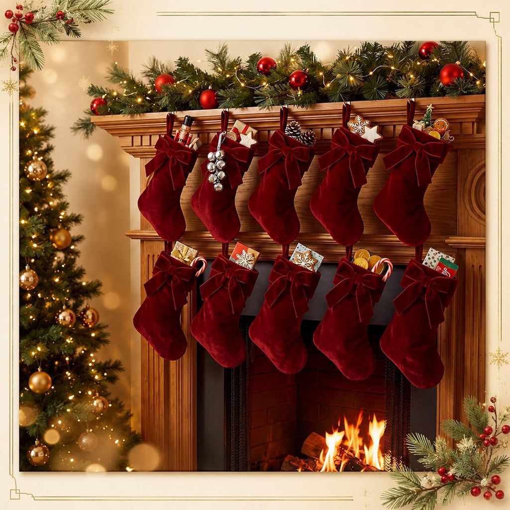 Christmas Mini Stockings 9 Inches Burgundy Velvet Stocking with Bow - Set of 12