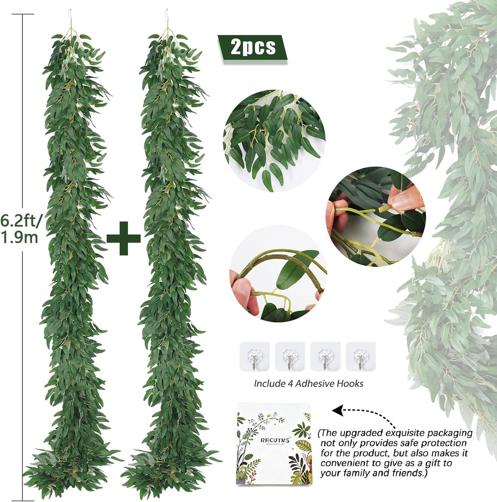 2P Artificial Willow Leaves Vine Twig 6.2Ft Thick Silk Leaf Garland - Set of 2