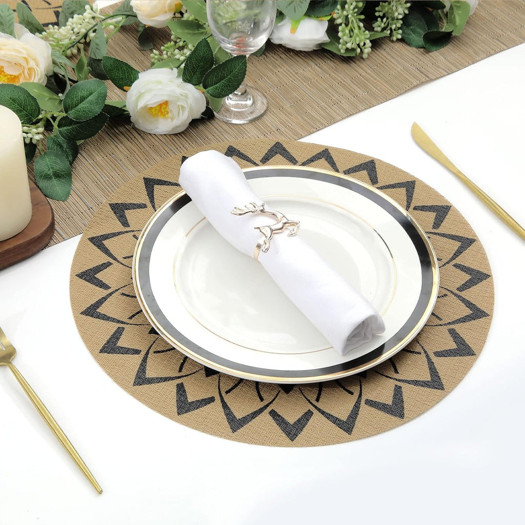 15 inch Round Vinly Placemats Boho Flower Print Place Mats Wipeable Non Slip Stain Heat Resistant Woven - Set of 6