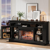 Farmhouse Fireplace TV Stand with 23 Inch Electric Fireplace, Media Entertainment Center for TVs up to 65 Inches, Rustic Console with Refrigerator-Style Storage Door, Black