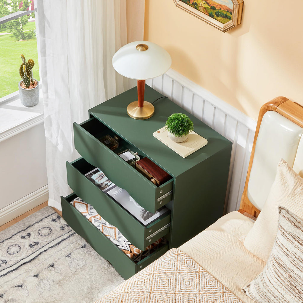 3 Drawer Dresser, 23.6" Green Mid Century Modern Wave Front Chest of Drawers with Anti-Tip Device, Handleless Wooden