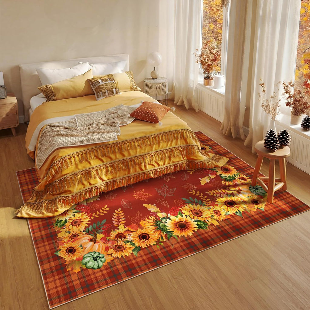 Fall Area Rug Sunflower Living Room Rug Pumpkin Plaid Washable Rugs Orange Bedroom Rugs Non Slip Soft Faux Wool