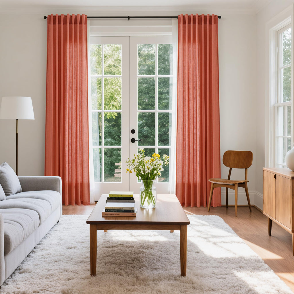 Coral Linen Curtains 102 Inches Long 2 Panel Set Back Tab Rod Pocket Semi Sheer Light Filtering Burlap Extra Long