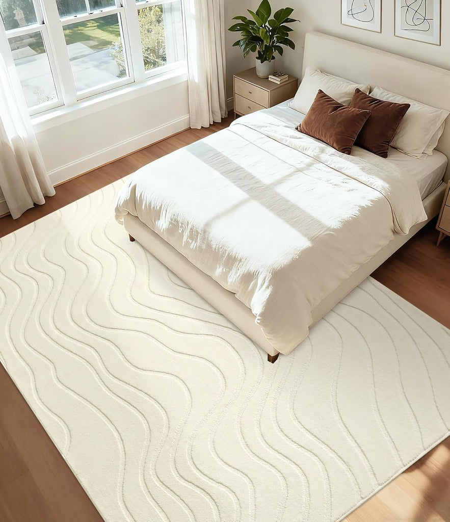 Abstract Wave Striped Area Rug, Modern Washable High-Low Pile Rug, Soft Textured Carpet, Beige Ivory White