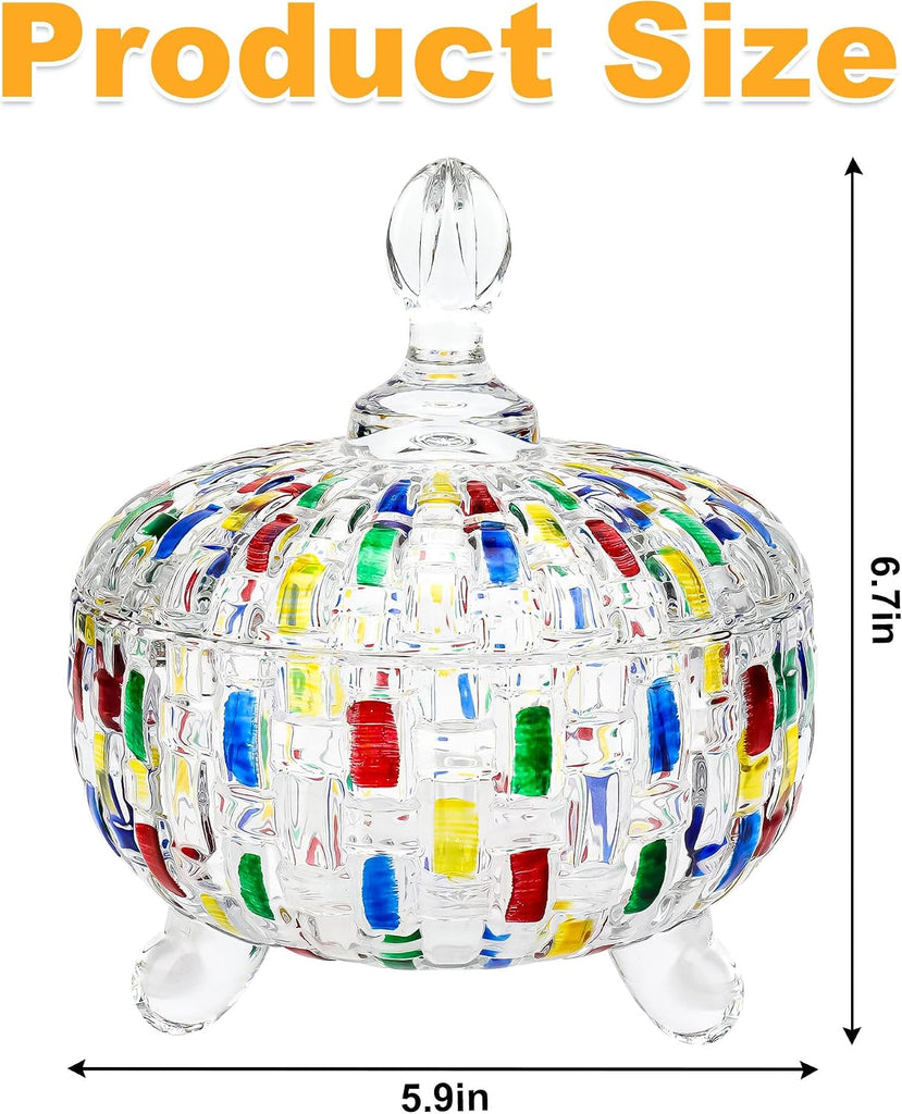 24 oz Candy Dish with Lid, Decorative Candy Dishes Container,Embossed Glass Jar, Colorful Crystal Storage Bowl Desk