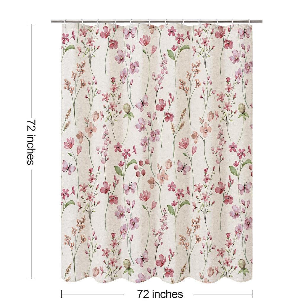 Linen Farmhouse Floral, Pink Butterfly Flower, Modern Minimalist White Waterproof Fabric Set, 72x72 Inch